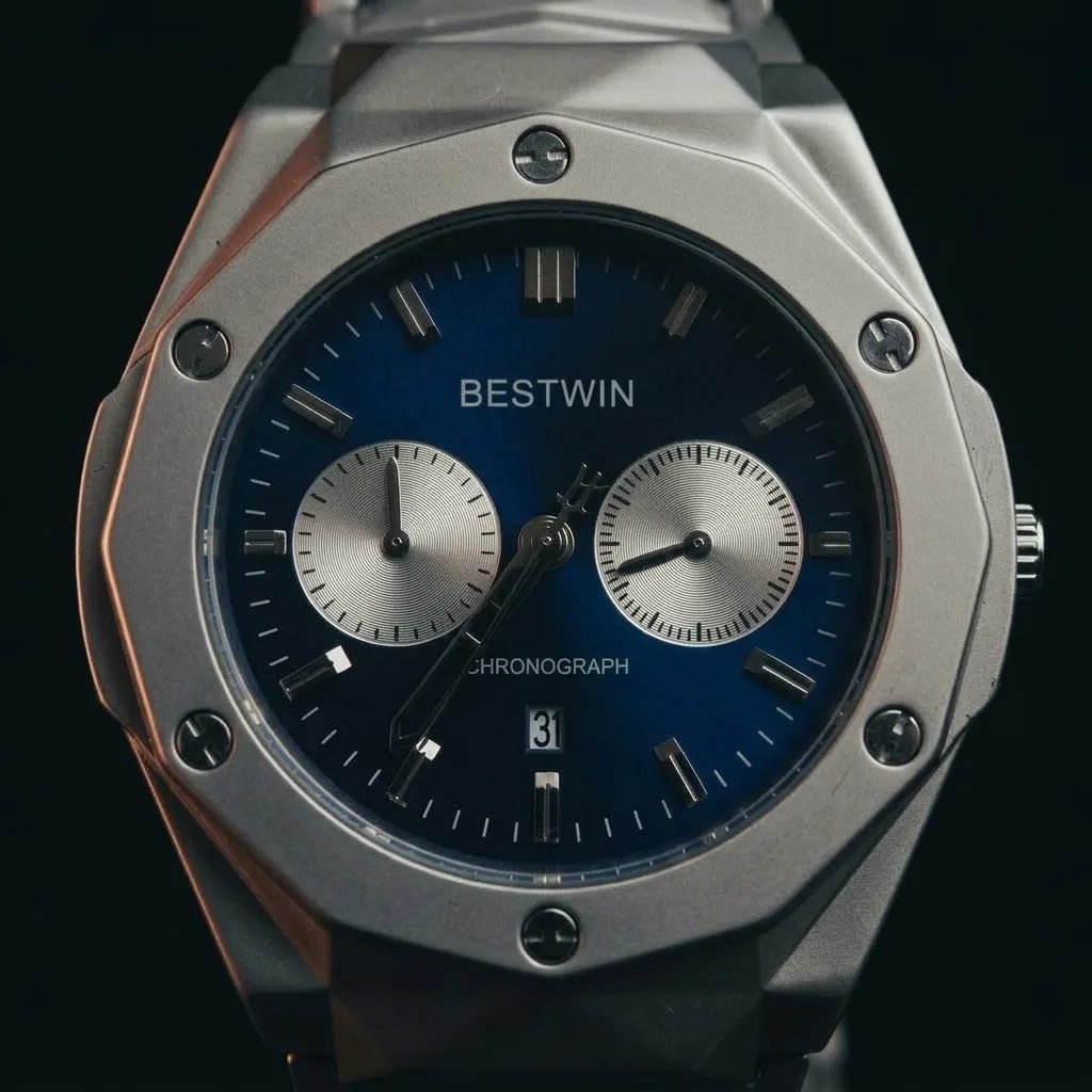 Bestwin Azure Blue — chronograph dial detail
