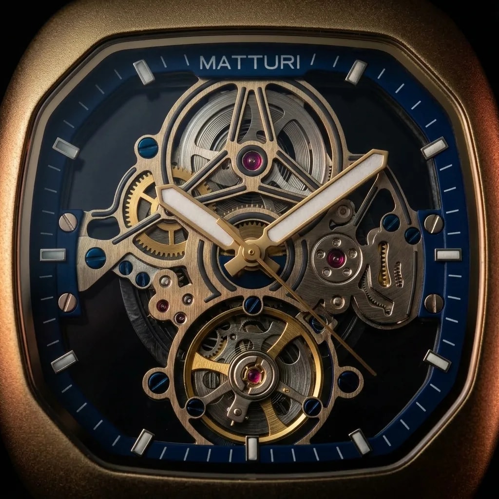 Matturi Azure & Gold — skeleton movement detail